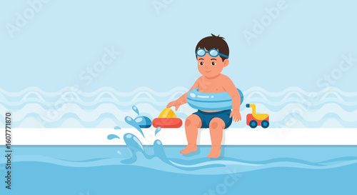 Happy Summer Days A Little Boy Enjoying Water Fun At Swimming Pool