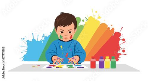 Little Artist Creating Colorful Masterpiece At Home With Enjoy Painting Time