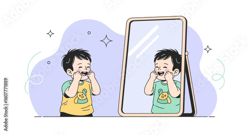 Little Boy Admires Himself In The Mirror With Happy Facial Expression