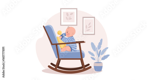 Little Baby Relaxing In Rocking Chair Indoors And Playing With Toy
