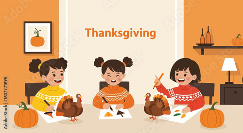 Happy Thanksgiving Day Girls Drawing And Painting With Turkeys Pumpkins