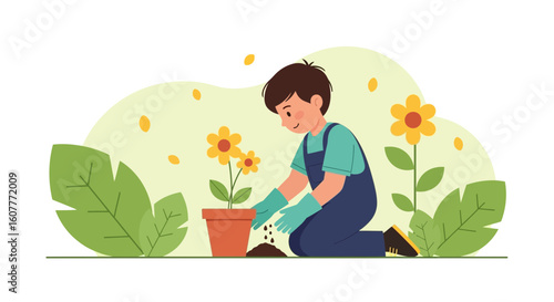 Little Boy Enjoying Gardening Cultivating Blooming Sunflowers In Springtime