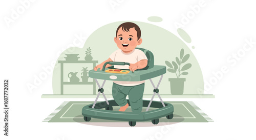 Happy Toddler Exploring And Playing Safely In A Baby Walker With Parent Supervision