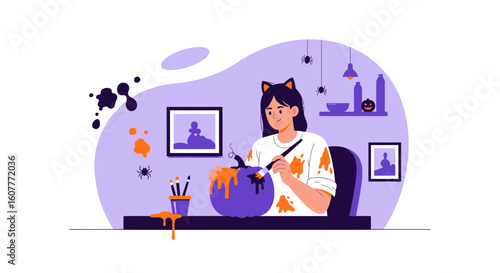 Girl With Cat Ears Painting A Halloween Pumpkin At Home Decoration