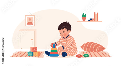 Happy Toddler Playing With Educational Toys In Kids Room Illustration