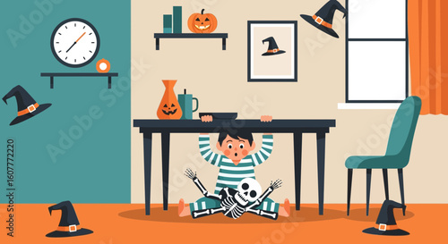 Little Boy Hiding Under Table From Halloween Decoration Indoors Flat Vector