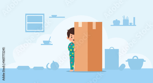 Little Boy In Pajamas Hiding Behind A Large Cardboard Box At Home
