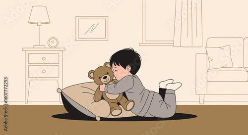Little Boy Hugging His Teddy Bear Affectionately On The Floor Indoor
