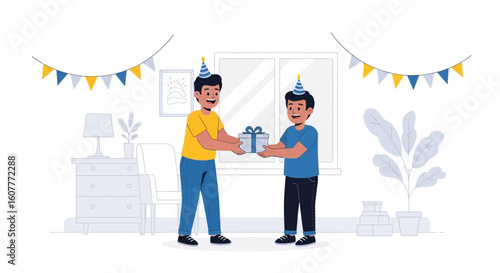 Giving The Birthday Gift Surprise Present Between Friends Or Family Members