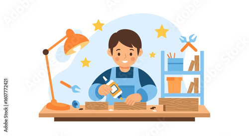 Happy Young Boy Enjoying His Woodworking Hobby At Home With Tools And Materials