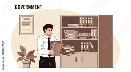 Government Employee Carrying Document Stacks Near Filing Cabinet In The Office
