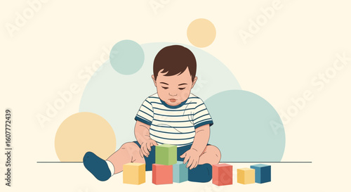 Little Boy Plays With Colorful Blocks Illustration Learning At Home
