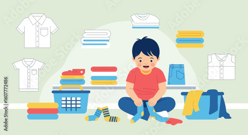 Happy Young Boy Folding Laundry Clothes Inside Home Room Interior Illustration