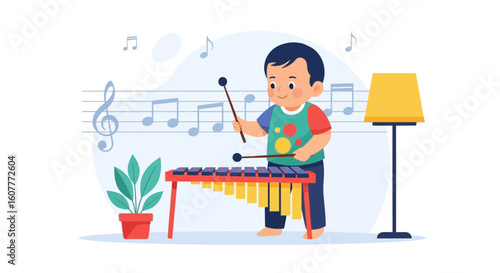Happy Young Boy Playing Xylophone Cartoon Vector Illustration Design