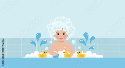 Happy Young Child Enjoying Bath Time With Rubber Ducks In Bubble Bath