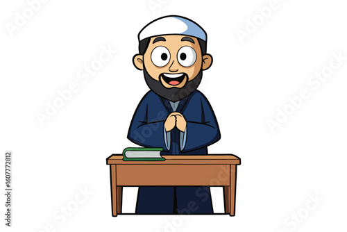 A muslim woman wearing a hijab teaches arabic holding a book and pointing to the word arabic on a whiteboard