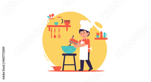 Little Chef Creates Culinary Masterpiece In Cartoon Kitchen Colorful Design