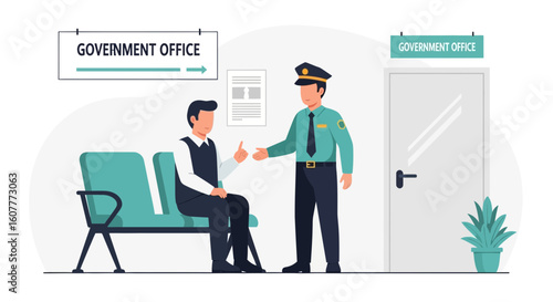 Government Services Interaction Man Waiting Security Guard Assistance Conversation