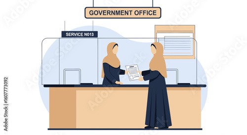 Governmental Service Illustration Featuring Two Muslim Women with Paper Work