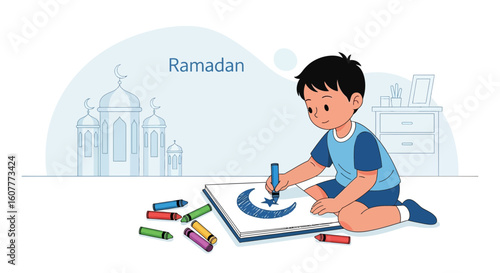 Happy Youngster Drawing Ramadan Moon And Star In His Sketchbook At Home