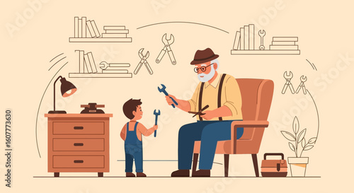 Grandfather Shares Carpentry Skills And Quality Time With Grandson Illustration