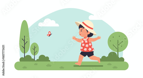 Little Girl Chasing A Butterfly In Summer Green Field Graphic Illustration