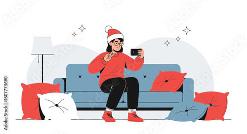 Holiday Selfies Young Woman Capturing Festive Moments At Home On Smartphone