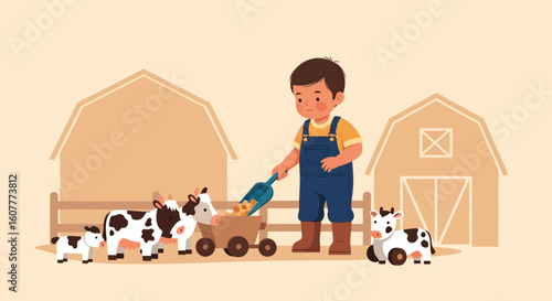 Illustration Of A Boy Feeding Cows On A Farm With Barns In The Background