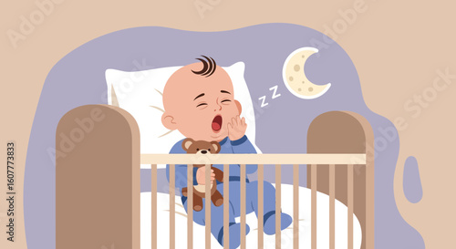 Little Infant Yawning In Crib Ready For A Peaceful Sleep At Night