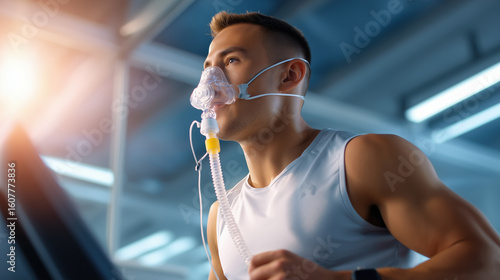 A man runs on a treadmill with a respiratory mask, undergoing a fitness or health assessment.