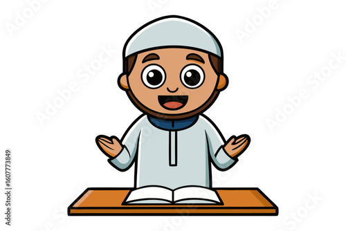 Friendly bearded man in traditional attire holding a tablet computer with a cheerful expression