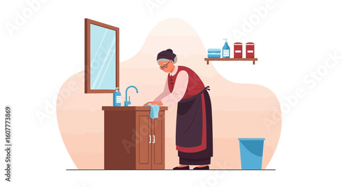 Grandmother Cleaning The Bathroom Sink With A Rag At Home