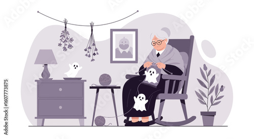 Grandmother Creates Ghostly Halloween Decorations By Knitting At Her Cozy Home
