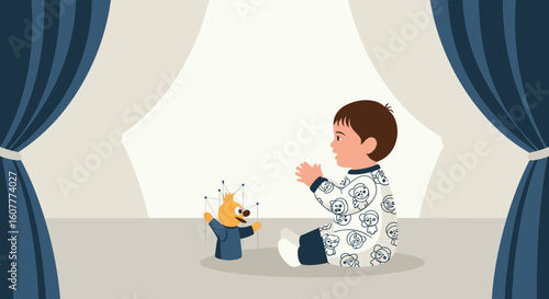 Little Viewer Enjoys Puppet Show On Home Stage With Curtains And Bright Light
