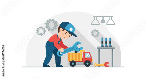 Illustration Of A Young Mechanic Toying With a Truck At Home