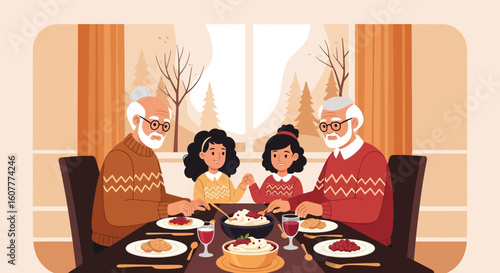 Grandparents And Grandchildren Sharing A Meal On A Festive Occasion Indoors