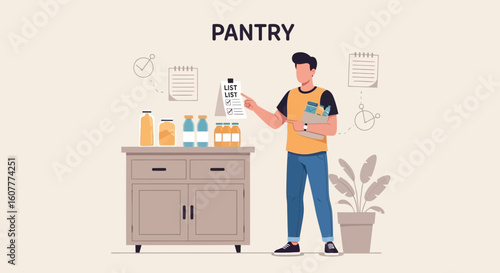 Illustration Of Man Reviewing Shopping List In Organized Pantry Space