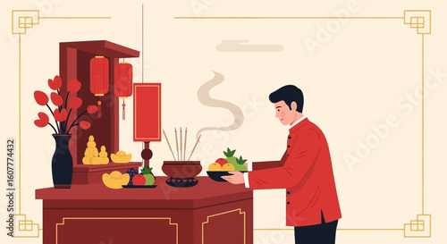 Illustrative Man Presents Offerings At A Traditional Altar For Lunar Holiday