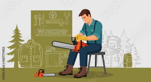 Lumberjack Prepares Chainsaw In His Workshop For Forest Logging Task
