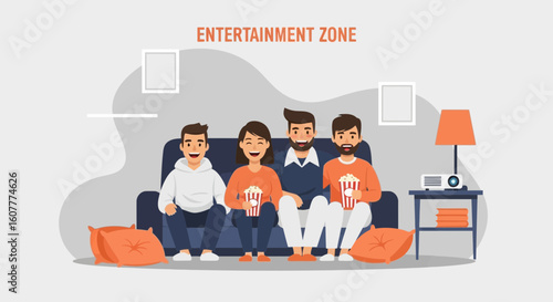 Group Of Friends Enjoying A Movie Night Together At Home On The Sofa