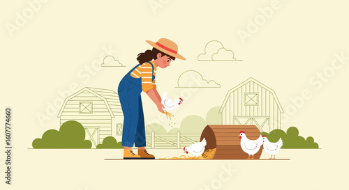 Illustrative Scene Of A Farmer Feeding Chickens On A Countryside Farm