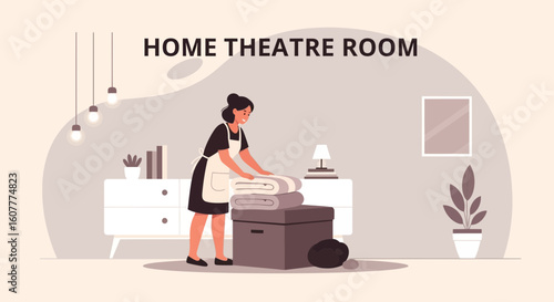 Maid Preparing Blankets In A Home Theatre For Guests Comfort