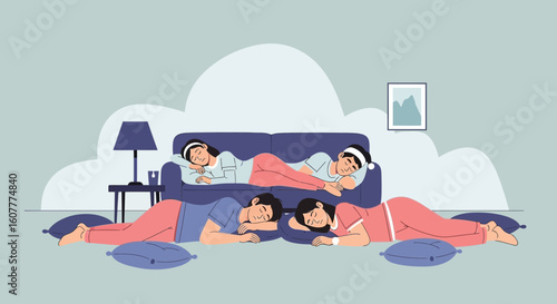 Group Of Friends Snoozing Together In Living Room After Sleepover Party