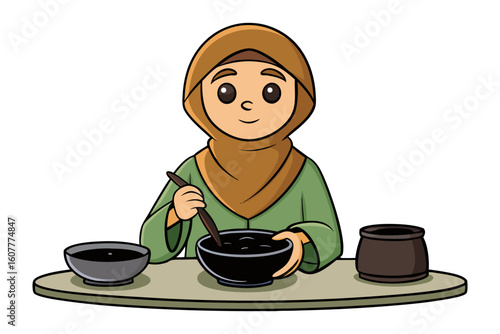Happy baker preparing freshly baked goods on a tray with a rolling pin nearby