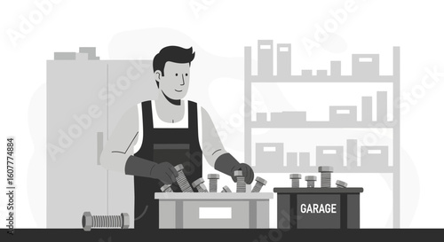 Illustrative Workshop Scene Depicting a Mechanic Sorting Hardware in His Garage