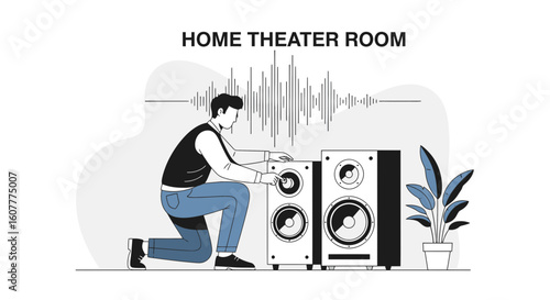 Man Adjusting Sound System For The Home Entertainment Experience And Music Enjoyment