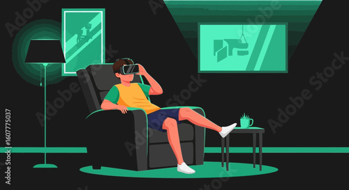 Guy Immersed In Virtual Reality At Home Experience Modern Technology