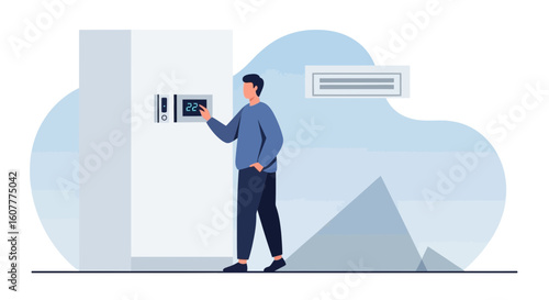 Man Adjusting Temperature On Digital Thermostat To Save Energy Illustration