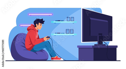 Guy Sitting Comfortably In Beanbag Playing Video Game On Monitor Relaxing