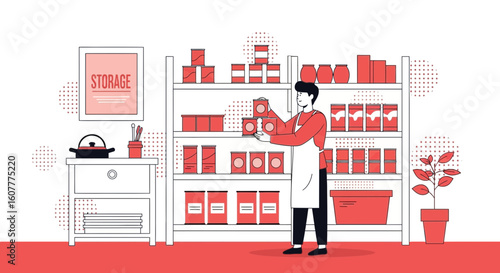 Man Arranging Canned Goods In A Home Pantry Or Storehouse With Plentiful Supplies